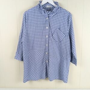 Terra SJ Apparel Women L Tunic Top Blue 3/4 Sleeves Lagenlook Artsy Wire Neck